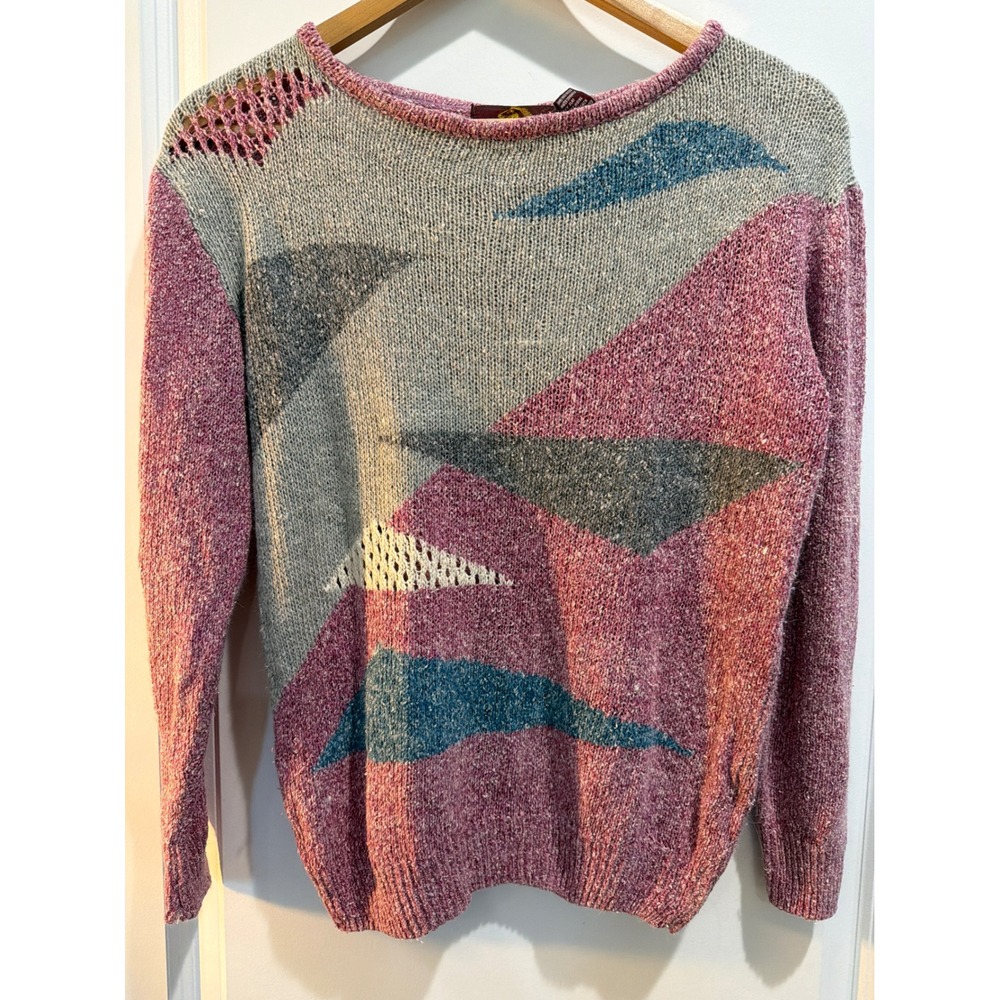 Vintage Jordache Silk Angora Blend Abstract Geometric Knit Sweater Pink Grey M
